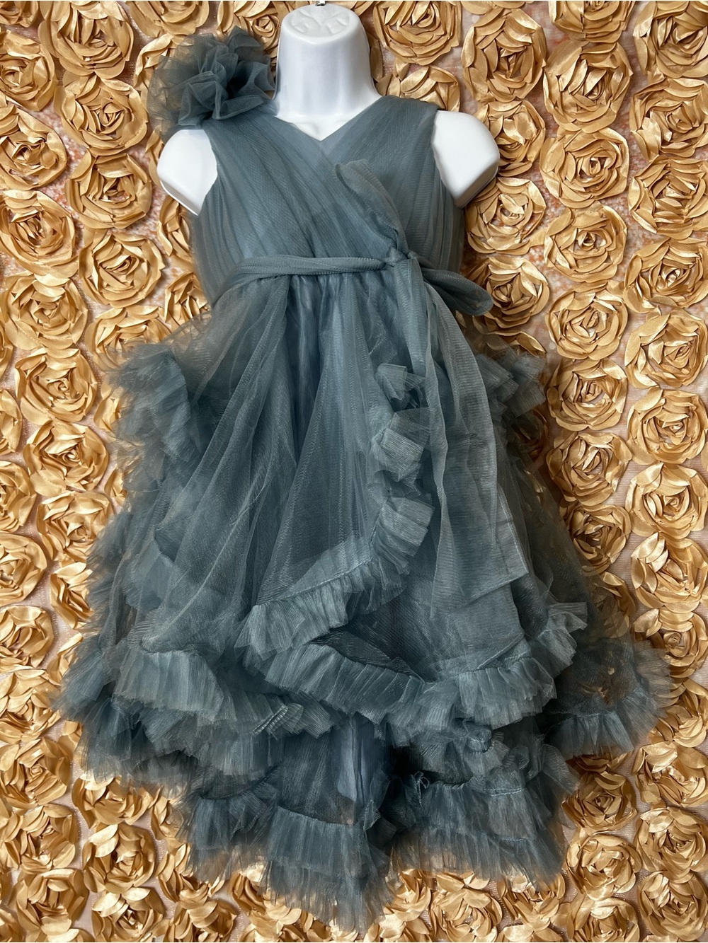 Girls Ruffled Tulle Party Dress in Teal